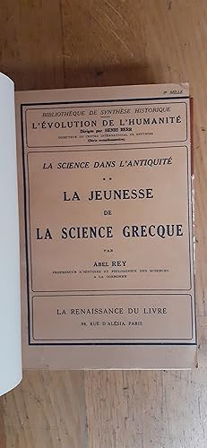 Imagen del vendedor de LA JEUNESSE DE LA SCIENCE GRECQUE. a la venta por Librairie Sainte-Marie