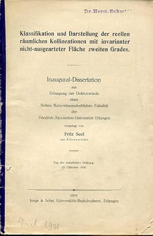 Seller image for Klassifikation der Darstellung der reellen rumlichen Kollineationen mit invarianter Flche zweiten Grades. for sale by Antiquariat am Flughafen