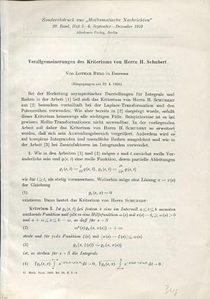 Bild des Verkufers fr Verallgemeinerungen des Kriteriums von Herrn H. Schubert. zum Verkauf von Antiquariat am Flughafen
