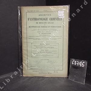 Seller image for Archives d'Anthropologie Criminelle, de Mdecine Lgale et de Psychologie normale et pathologique N 211 : Mmoires originaux : Impulsions et dlire conscients et mnsiques chez les pileptiques (A. Rmond et L. Fontaine) - Notes et observations mdico-lgales : Un plaidoyer "pro Sahara" (A propos d'un travail sur le "Cafard") (Dr. Julien) - Revue critique : De quelques dlits militaires chez des psychopathes (Dr. Mayrac) - Le mouvement sociologique : Art et sociologie, d'aprs des lettres indites de Paul Chenavard (Alexis Bertrand) - . for sale by Librairie-Bouquinerie Le Pre Pnard