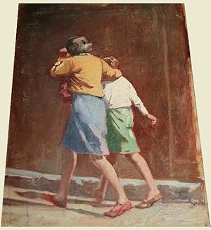 Bild des Verkufers fr Huile sur carton de CALEWAERT Louis H.S. (XX) reprsentant deux femmes marchant de dos. zum Verkauf von JOIE DE LIRE