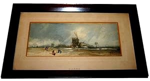 Aquarelle originale représentant Paysage hollandais MOULIN avec des personnages signée DAREZ