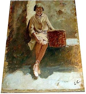 Bild des Verkufers fr Huile sur carton de CALEWAERT Louis H.S. (XX) reprsentant une femme assise avec un panier. zum Verkauf von JOIE DE LIRE