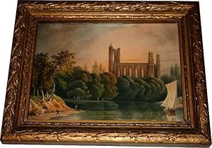 Belle aquarelle ancienne paysage avec une église et un bateau à voile . Non signée non datée( XIX...