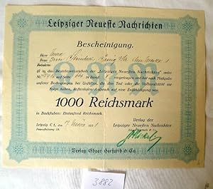 Bild des Verkufers fr Leipziger Neueste Nachrichten Versicherungsbescheinigung ber 1000 RM, 07.03.1931 zum Verkauf von Versandhandel fr Sammler