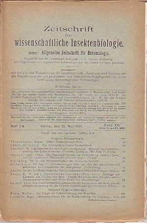 Image du vendeur pour Zeitschrift fr wissenschaftliche Insektenbiologie. Band XII, Erste Folge Band XXI, Heft 3/4, Berlin, den 15. Mai 1916. Mit Original-Abhandlungen von August Thienemann, Georg Ulmer, H. Stauder, Franz Heikertinger, F. Stellwaag, F. Eichelbaum, Jan Zavrel, H. Karny, Ferd. Dickel. Kleinere Original-Beitrge von Walter Reum und Hugo Schmidt. Literatur-Referate. mis en vente par Antiquariat Carl Wegner