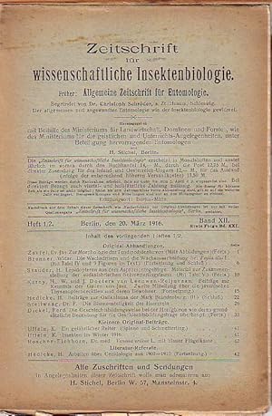 Image du vendeur pour Zeitschrift fr wissenschaftliche Insektenbiologie. Band XII, Erste Folge Band XXI, Heft 1/2, Berlin, den 20. Mrz 1916. Mit Original-Abhandlungen von Jan Zavrel, Widar Brenner, H. Stauder, H. Karny und W. und J. Docters van Leeuwen-Reijnvaan, H. Heidicke, F. Stellwaag, Ferd. Dickel. Kleinere Original-Beitrge und Literatur-Referate. mis en vente par Antiquariat Carl Wegner