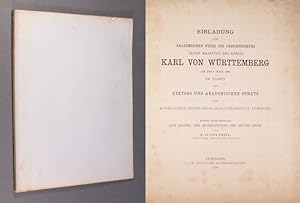 Bild des Verkufers fr Einladung zur Akademischen Feier des Geburtsfestes Seiner Majestt des Knigs Karl von Wrttemberg auf den 6. Mrz 1890 im Namen des Rektors und Akademischen Senats der Kniglichen Eberhard-Karls-Universitt Tbingen. Beigefgt ist eine Abhandlung: Zur Kritik der Komposition des Buchs Hiob von D. Julius Grill. zum Verkauf von Antiquariat Kretzer