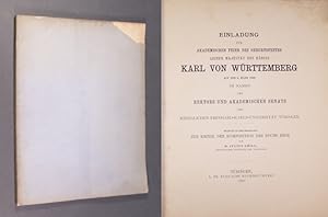 Bild des Verkufers fr Einladung zur Akademischen Feier des Geburtsfestes Seiner Majestt des Knigs Karl von Wrttemberg auf den 6. Mrz 1890 im Namen des Rektors und Akademischen Senats der Kniglichen Eberhard-Karls-Universitt Tbingen. Beigefgt ist eine Abhandlung: Zur Kritik der Komposition des Buchs Hiob von D. Julius Grill. zum Verkauf von Antiquariat Kretzer