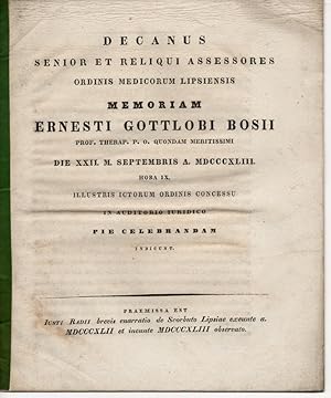 Bild des Verkufers fr Brevis enarratio de Scorbuto Lipsiae exeunte a. MDCCCXLII et ineunte MDCCCXLIII observato. Einladungsschrift zur Gedenkfeier fr Ernst Gottlob Bos. zum Verkauf von Wissenschaftliches Antiquariat Kln Dr. Sebastian Peters UG