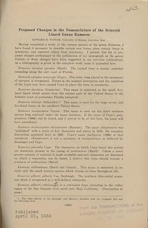 Bild des Verkufers fr Proposed Changes in the Nomenclature of the Scincoid Lizard Genus Eumeces zum Verkauf von Frank's Duplicate Books