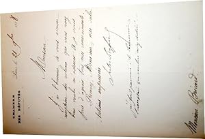 Lettre autographe à entête de la Chambre des Députés signée par Jules Siegfried. Il accuse récept...
