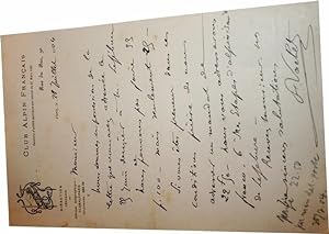 Lettre autographe à entête du Club Alpin français au sujet d'une lettre envoyée à Charles Lefebur...