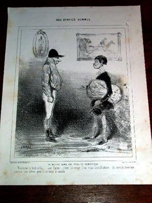 Bild des Verkufers fr Lithographie dbut XIX me CHAM - Nos Gentils Hommes : Un maitre dans une peau de domestique. zum Verkauf von JOIE DE LIRE