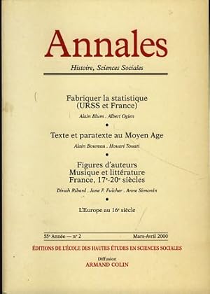 Imagen del vendedor de Annales. Histoire, Sciences Sociales, 55e Anne, No 2, Mars-Avril 2000 Revue bimestrielle publie depuis 1929 par l'cole des Hautes tudes en Sciences Sociales avec le concours du Centre National de la Recherche Scientifique. Fondateurs: Marc Bloch et Lucien Febvre. Ancien directeur: Fernand Braudel a la venta por Fundus-Online GbR Borkert Schwarz Zerfa