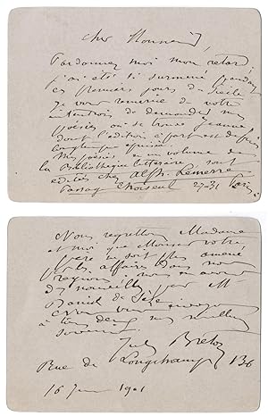 2 billets autographes signés à Jean-Paul Brunet à propos de sa poésie, 1901