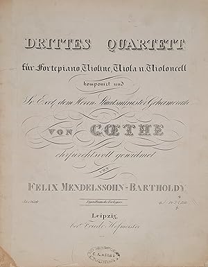 Image du vendeur pour [Op. 3] Drittes Quartett fr Fortepiano, Violine, Viola und Violoncell. Sr. Excl. dem Herrn Staatsminister Geheimerath (!) von Goethe ehrfurchtsvoll gewidmet. 3tes Werk. Stimmen. mis en vente par Musik-Antiquariat Heiner Rekeszus