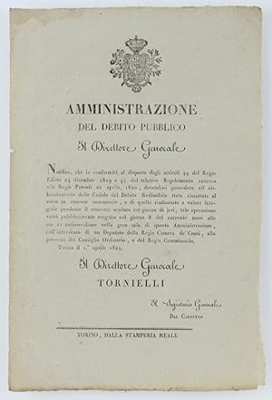 AMMINISTRAZIONE DEL DEBITO PUBBLICO. Torino, 1 aprile 1824.: