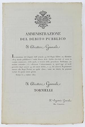 AMMINISTRAZIONE DEL DEBITO PUBBLICO. Torino, 4 ottobre 1821.: