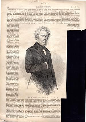 Immagine del venditore per ENGRAVING: "The Late General John A Quitman".text & engraving from Harper's Weekly, Saturday, July 21, 1859 venduto da Dorley House Books, Inc.