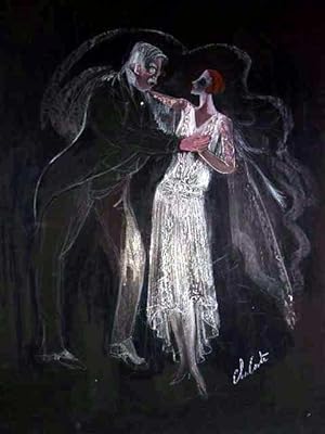 Très beau dessin gouache représentant un couple de danseurs réalisé sur carte à gratter noire, si...