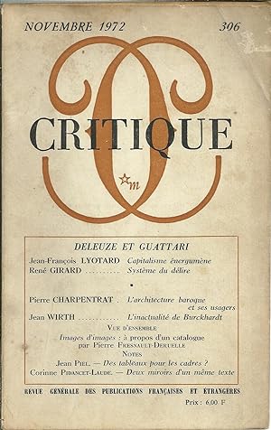 CRITIQUE. Revue générale des publications françaises et étrangères Nº 306. Novembre 1972