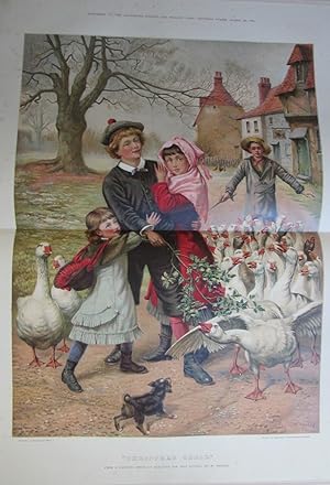 Bild des Verkufers fr CHRISTMAS GEESE - an Original Antique Coloured Lithograph zum Verkauf von K Books Ltd ABA ILAB