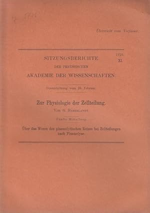 Seller image for Zur Physiologie der Zellteilung. Fnfte Mitteilung: ber das Wesen des plasmolytischen Reizes bei Zellteilungen nach Plasmolyse. Sitzungsberichte der Preussischen Akademie der Wissenschaften zu Berlin, 1920, XI. for sale by Antiquariat Carl Wegner