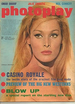 Immagine del venditore per Photoplay. June 1967. Film Monthly magazine. Front cover: Ursula Andress. Inside: Casiono Royale - Inside Story of the Craziest Film Ever Made. BLOW UP - A Special Report on the Startling New Film. Colour Picture of Jean Shrimpton & Paul Jones. Roger Moore venduto da SAVERY BOOKS