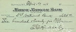 Bild des Verkufers fr Document Signed, 8vo oblong, Marine National Bank, Buffalo, New York, April 1, 1904 zum Verkauf von Schulson Autographs, Ltd.