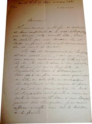 Intéressante lettre autographe signée du marquis de Juigné adressée à Léonce PINGAUD, historien. ...