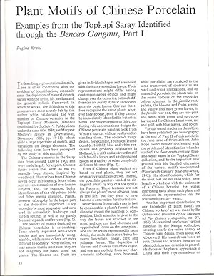 Bild des Verkufers fr Plant Motifs of Chinese Porcelain Examples from the Topkapi Saray Identified through the Bencao Gangmu, Part I Photocopy of article in the May 1987 issue of Orientations Magazine. zum Verkauf von Charles Lewis Best Booksellers