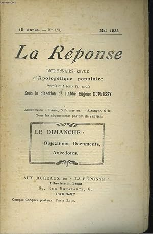 Seller image for LA REPONSE. REVUE MENSUELLE D'APOLOGETIQUE POPULAIRE. N173, MAI 1922. LE DIMANCHE : OBJECTIONS, DOCUMENTS, ANECDOTES. for sale by Le-Livre
