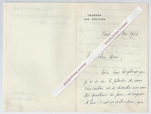 Seller image for Lettre autographe signe de Paul Painlev (1863-1933)  Lucien Descaves. for sale by Bouquinerie Aurore (SLAM-ILAB)