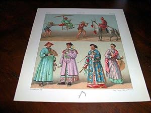 Bild des Verkufers fr Lithographie en couleurs rpresentant des costumes et insignes des mandarins, dames chinoises, montures et moyens de transport de Chine. zum Verkauf von JOIE DE LIRE