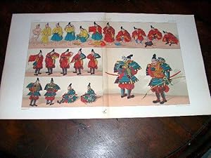 Bild des Verkufers fr Lithographie en couleurs rpresentant art militaire japonnais, quipement d'ordonnance d'un ancien archer de pied. zum Verkauf von JOIE DE LIRE
