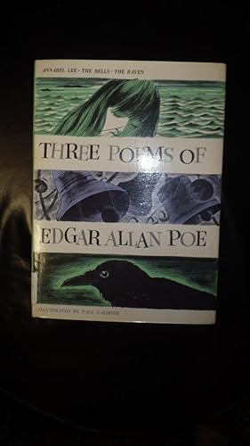 Immagine del venditore per Three Poems of Edgar Allen Poe Annabel Lee, the Bells, the Raven , 3, in Color Dustjacket of Girl with Green, B/W Long Hair, 5 Blue Bells & Black Raven with Green & Black Background venduto da Bluff Park Rare Books