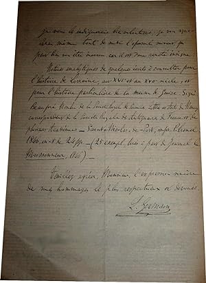 Lettre autographe signée Léon Germain , il remercie son interlocuteur pour le cliché du sceau de ...