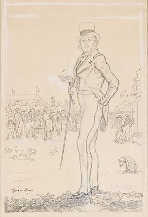 ORIGINAL pen illustration, picturing a dandy flipping a coin, holding cane, with dog and fair in ...