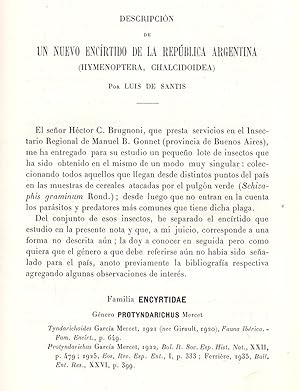 Seller image for DESCRIPCION DE UN NUEVO ENCIRTIDO DE LA REPUBLICA ARGENTINA (HYMENOPTERA, CHALCIDOIDEA) for sale by Libreria 7 Soles