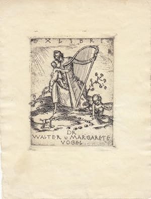 ExLibris für Dr. Walter u. Margarete Vogel Mutter mit Kindern und Harfe. Orig.-Radeiring von Rich...