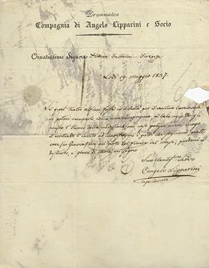 Lettera autografa, datata 19 maggio 1837, su carta intestata: "Drammatica Compagnia di Angelo Lip...