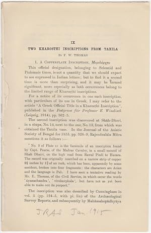 Bild des Verkufers fr "Two Kharosthi Inscriptions from Taxila," [from] The Journal of The Royal Asiatic Society, Jan. 1915 zum Verkauf von Kaaterskill Books, ABAA/ILAB