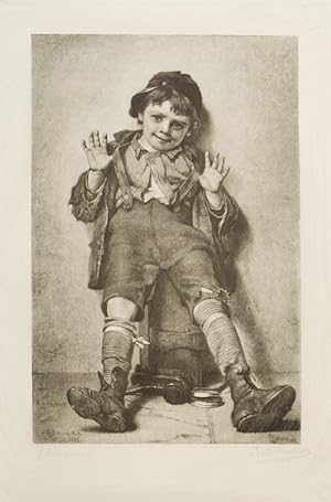"I'm Perfectly Happy." a little shoeshine boy with his hands up. Engraving by R.A. Mueller after ...