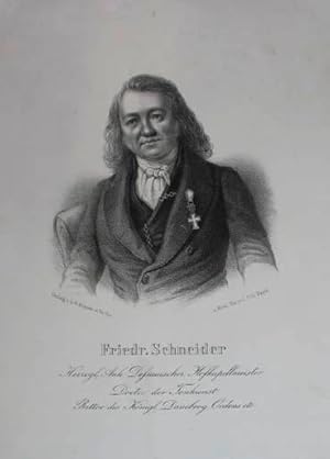 Immagine del venditore per Friedr. Schneider. Herzogl. Anh. Dessauischer Hofkapellmeister, Doctor der Tonkunst, Ritter des Knigl. Danebrog Ordens etc. Brustbild. Lithographie im Verlag v. L. W. Krause in Berlin um 1850, ca. 9,5 x 9 cm venduto da Antiquariat Johannes Mller