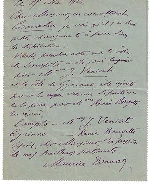 Lettre Autographe Pneumatique signée Maurice Donnay. Paris, 1924 Au directeur de la maison Albin ...