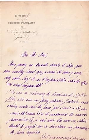 Lettre autographe à entête de la « Comédie Française » signée Jules Claretie adressée à un ami. I...