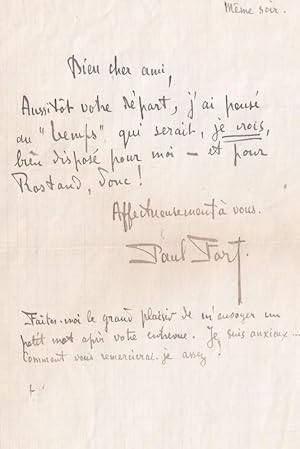 Lettre Autographe signée Paul Fort. "Bien cher ami, Aussitôt votre depart, jai pensé du « Temps ...