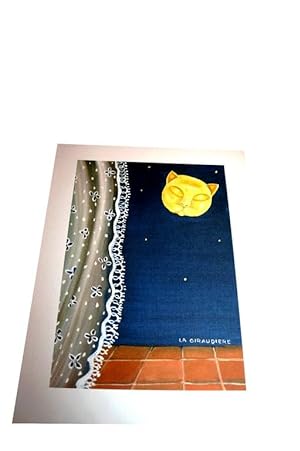 Gravure en couleurs sur vélin d'Arches signée dans la planche LA GIRAUDIERE, Chat Lune.