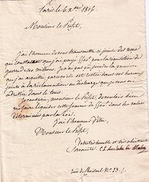 Bild des Verkufers fr Lettre manuscrite signe Charlotte Lejeune Duchesse de MASSA, Adresse au Prfet pour remboursement de 5500 F payer pour la Rquisition de guerre de cent millions. zum Verkauf von JOIE DE LIRE